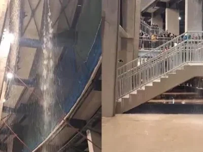 Sốc: Camp Nou vừa tái thiết xong đã dột nát, CĐV hoảng loạn tránh mưa trong sân